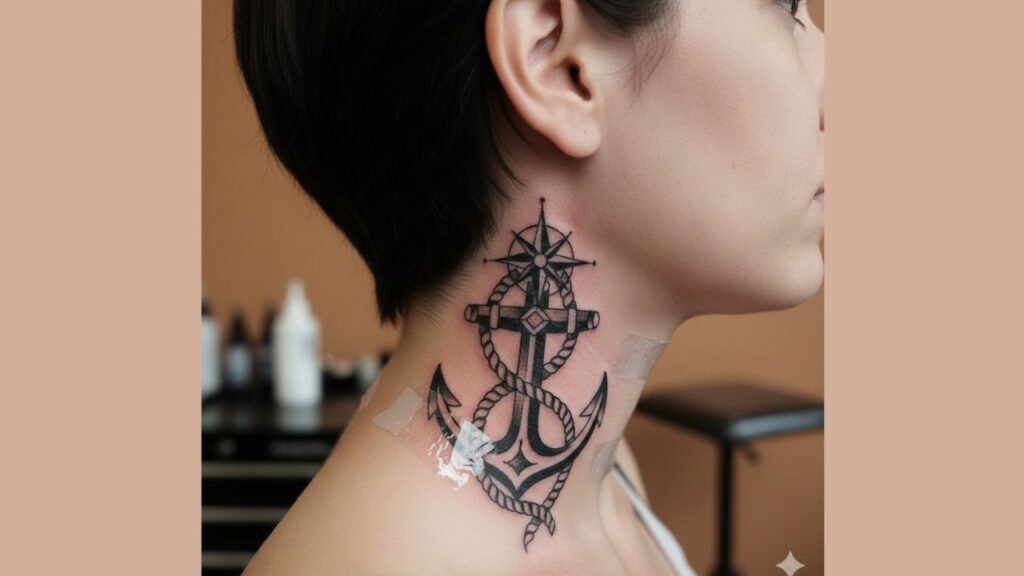 Anchor neck tattoo for men symbolizing stability, resilience, and strength through life’s challenges.