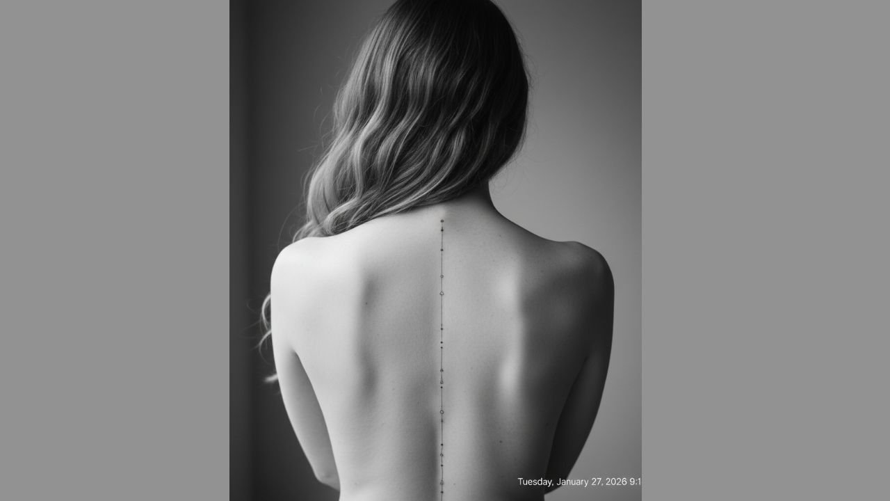 Thin spine tattoo for women featuring a delicate single line or tiny symbol running along the center of the spine