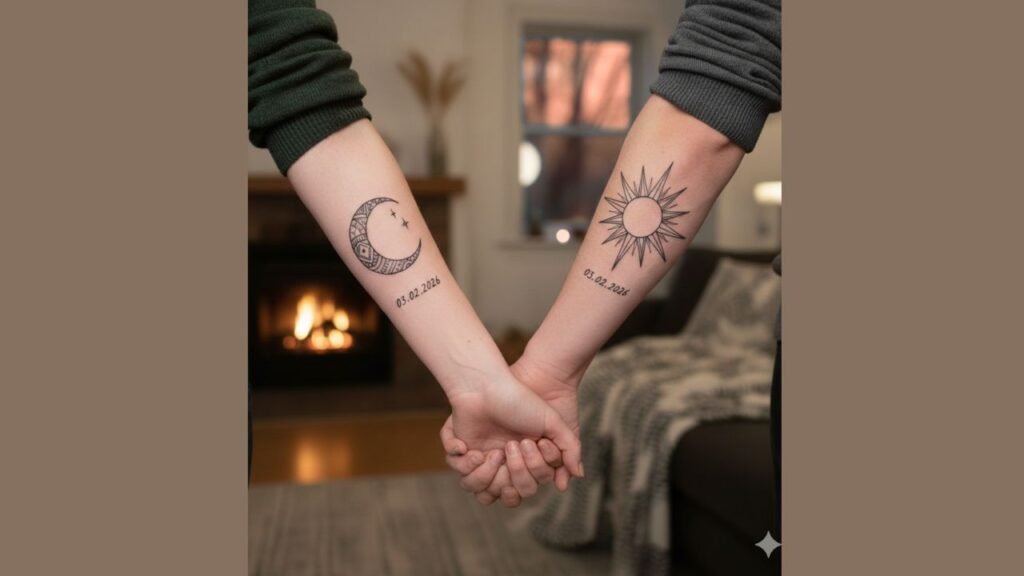 Alt Text: Matching husband and wife tattoos with names or initials, symbolizing love and lifelong commitment.