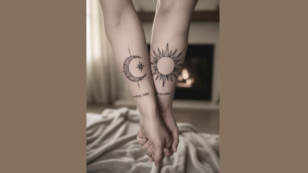 Alt Text: A couple showing matching wrist tattoos with heart symbols, representing love and connection.