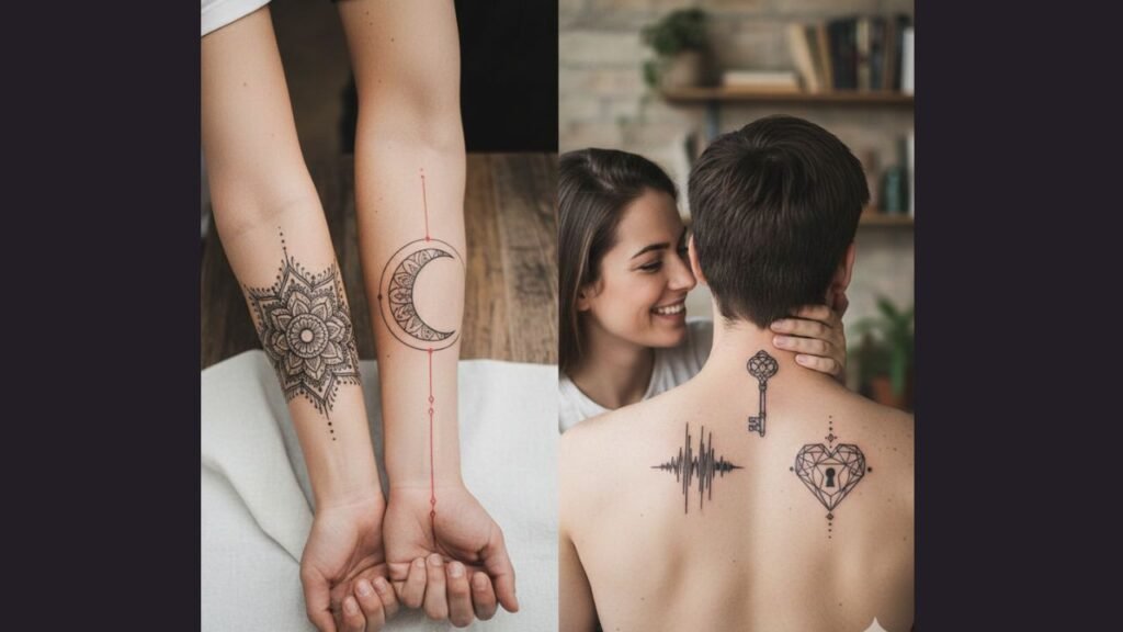 Alt Text: Soulmate matching couple tattoos featuring half-heart or puzzle piece designs, symbolizing deep spiritual love and connection.