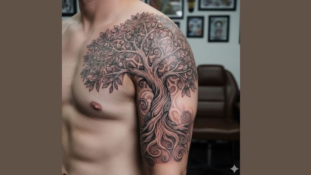 Tree of Life arm tattoo with roots on the forearm and branches extending to the upper arm, symbolizing growth, strength, discipline, and ambition