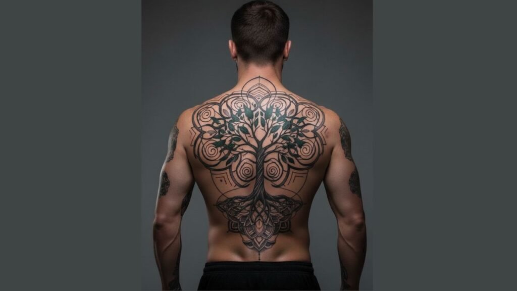 Tree of Life back tattoo for men with wide-spread branches and detailed roots symbolizing strength, wisdom, and growth.