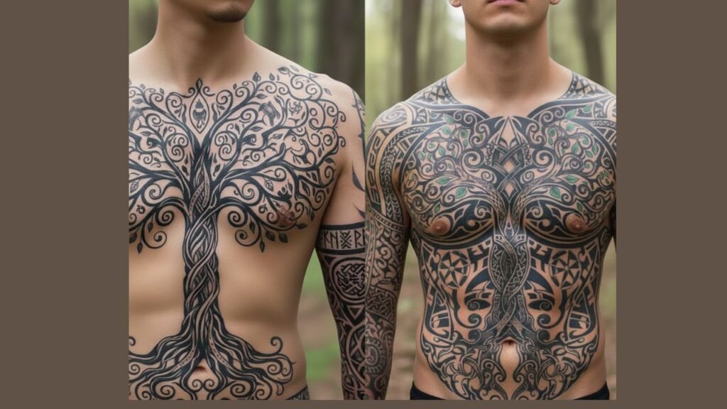 Tree of Life chest tattoo with centered trunk and expanding branches, symbolizing inner strength, self-belief, and personal growth