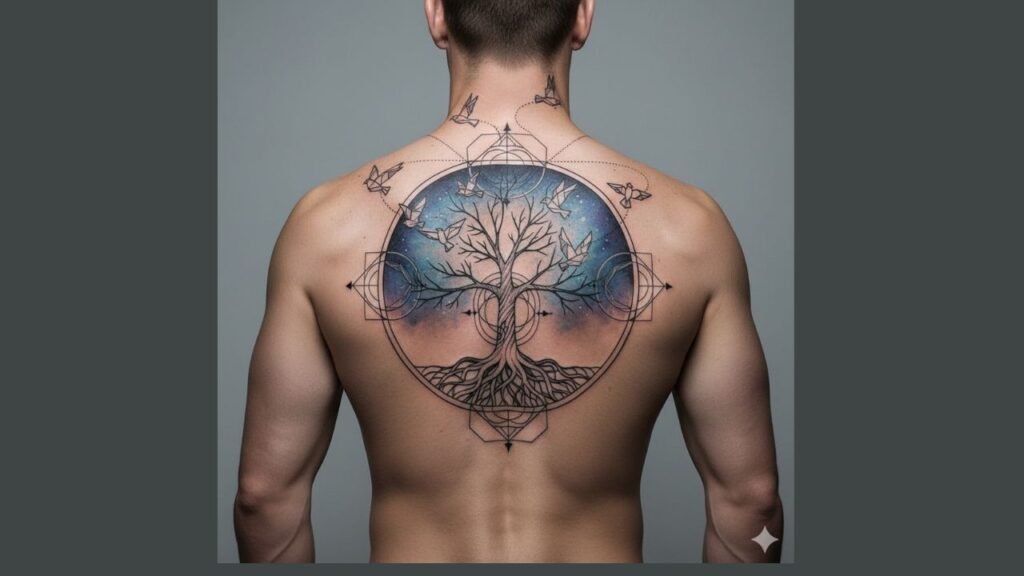 Tree of Life with birds tattoo for men showing flying birds and branches symbolizing freedom and growth.