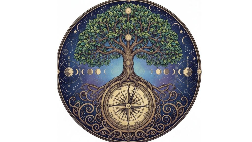 Tree of Life tattoo with compass integrated into the roots, symbolizing guidance, stability, and life direction