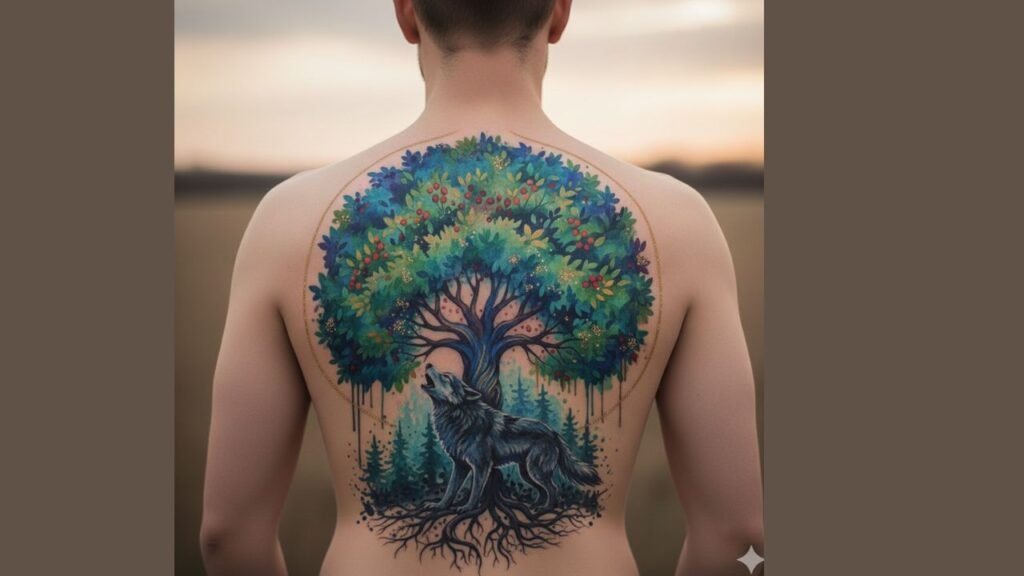 Tree of Life tattoo featuring a wolf at the roots and branches reaching upward, symbolizing loyalty, courage, leadership, and personal growth