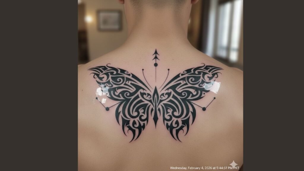 Tribal butterfly tattoo on male arm with bold tribal wings and rooted design