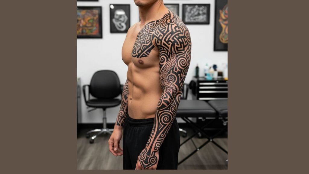 Tribal Tree of Life sleeve tattoo with bold roots and angular branches, symbolizing strength, heritage, resilience, and masculine energy