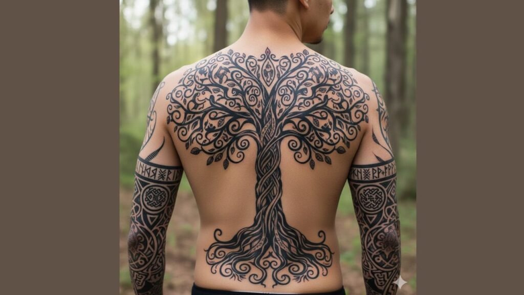 Tribal Tree of Life tattoo with bold roots and sharp branches symbolizing strength, heritage, warrior spirit, and masculine power