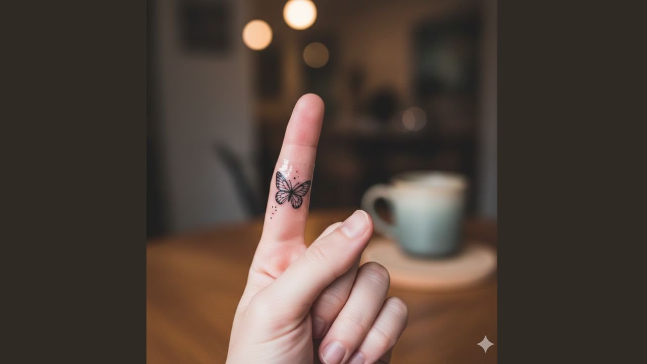 Small butterfly tattoo on finger with delicate outline and subtle color accents