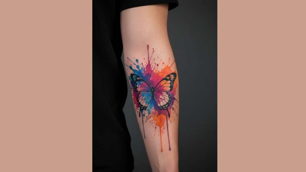 Watercolor butterfly tattoo with splash colors and pastel gradient wings