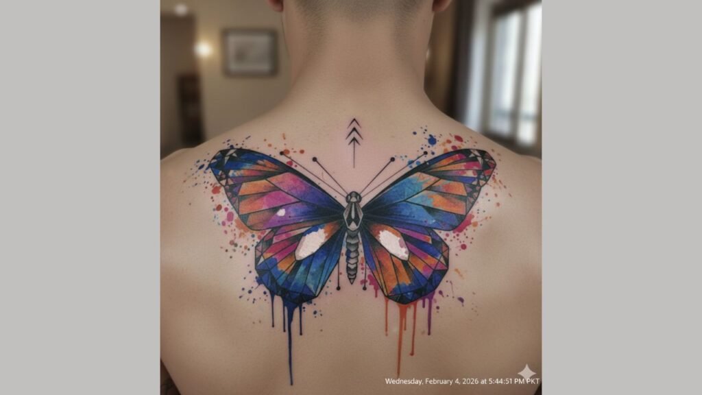 Watercolor butterfly tattoo on male arm with colorful splash wings and soft shading