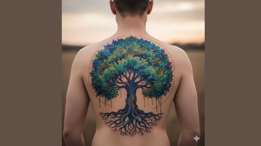 Watercolor Tree of Life tattoo with vibrant splashes and soft gradient branches, symbolizing creativity, personal growth, resilience, and emotional depth