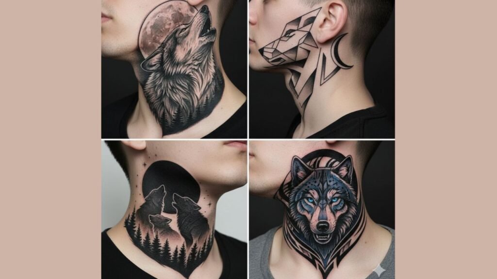 Wolf and moon neck tattoo featuring a howling wolf symbolizing strength, intuition, and masculine power