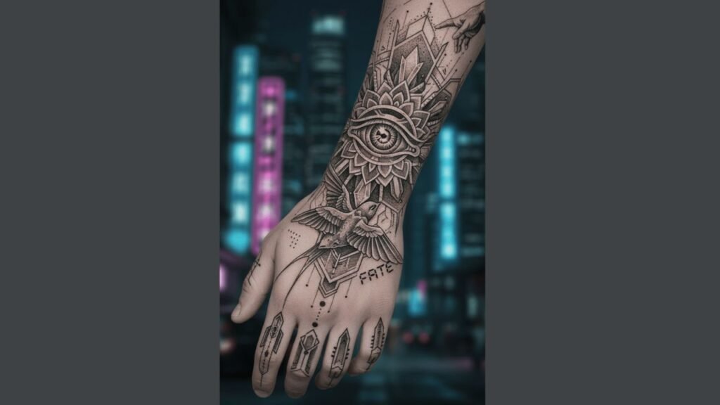 Bold masculine hand tattoo on a man’s hand featuring abstract patterns and meaningful symbols, highlighting strength and individuality.