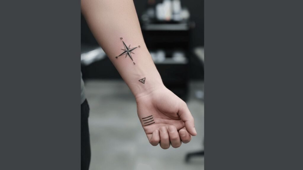 Simple minimalist hand tattoo on a man’s finger featuring small geometric shapes and clean lines for a subtle masculine look.