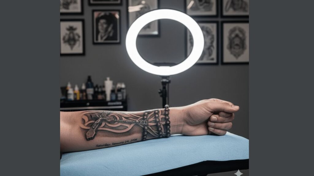 Masculine rosary hand tattoo featuring detailed beads and crosses on the back or side of a man’s hand, symbolizing faith and devotion.