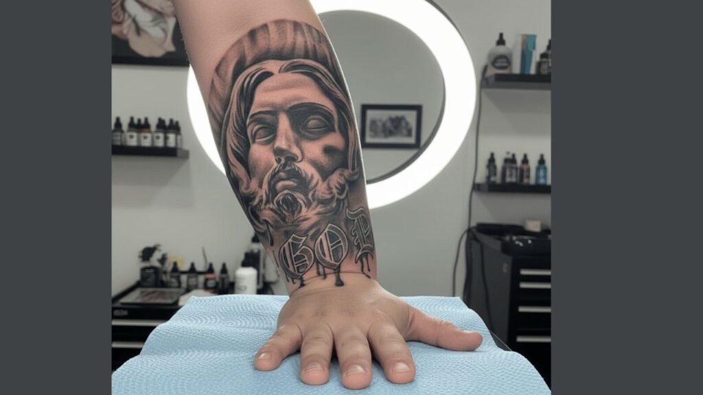 Masculine religious hand tattoo featuring crosses, angels, and sacred symbols on the back, fingers, and side of a man’s hand