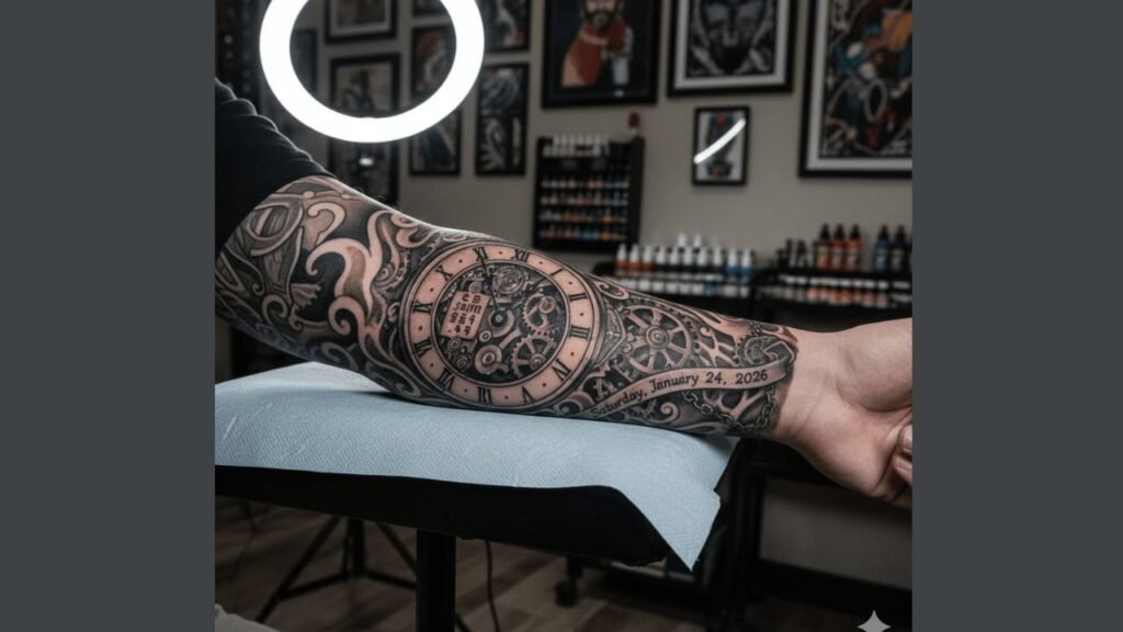 Detailed clock hand tattoo on a man’s hand featuring clock faces and Roman numerals on the back and fingers, symbolizing time and personal growth.
