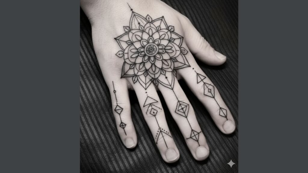 Creative men’s hand tattoo featuring custom symbols and fine-line abstract illustrations on the back and side of the hand.