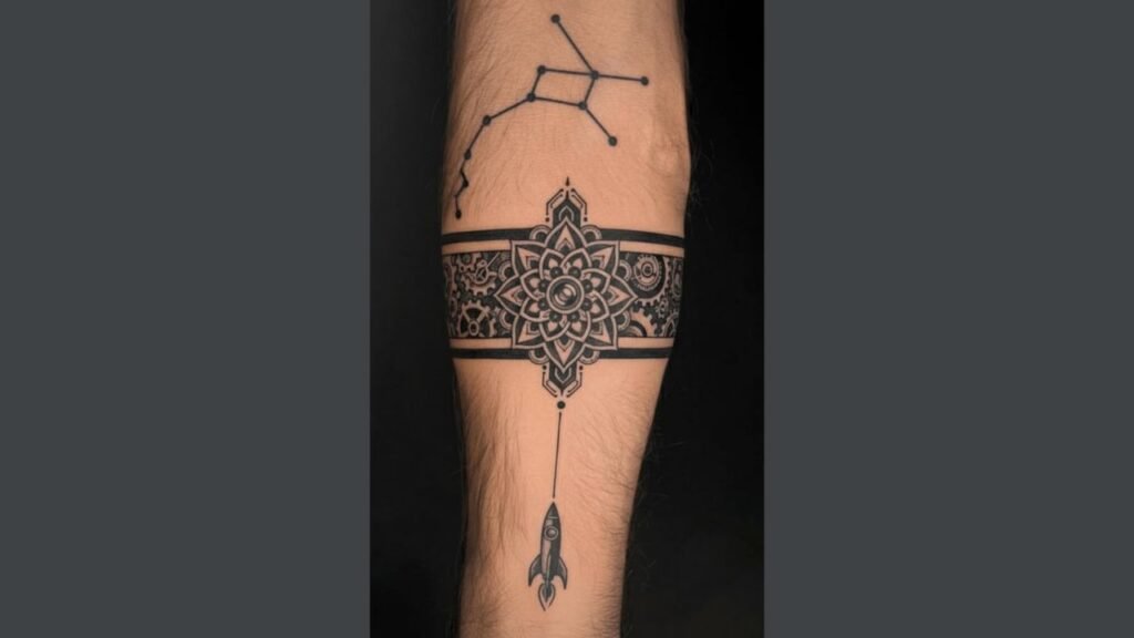 Sleek side hand tattoo on a man featuring vertical symbols and minimal lines along the thumb edge.