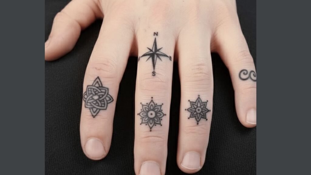 Simple and minimal hand tattoo on a man’s finger featuring small symbols and abstract lines for a subtle look.