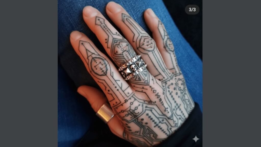 Minimalist small tattoo on a man’s hand featuring tiny geometric patterns and initials, placed near the thumb and fingers.