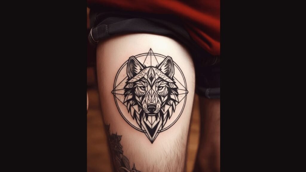 Front thigh tattoo for men featuring a bold animal and abstract design, emphasizing strength and masculine style.