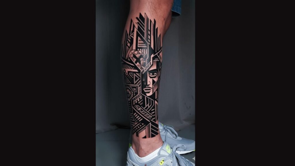 Half leg sleeve tattoo featuring tribal and geometric patterns with animal elements, creating a bold and masculine leg design.