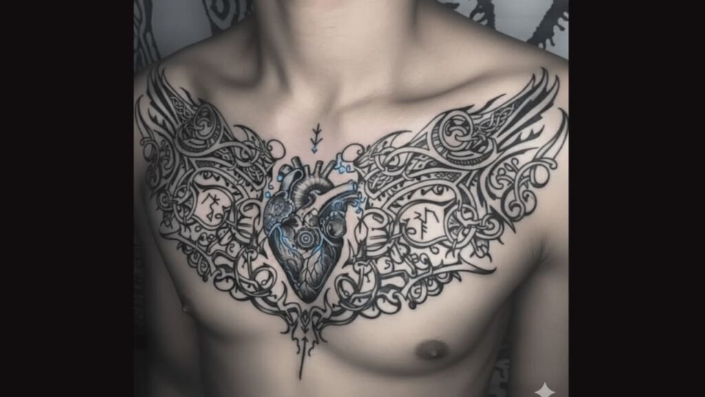 Chest tattoo for men featuring a bold lion and abstract design across the pectorals, highlighting strength and muscular definition.