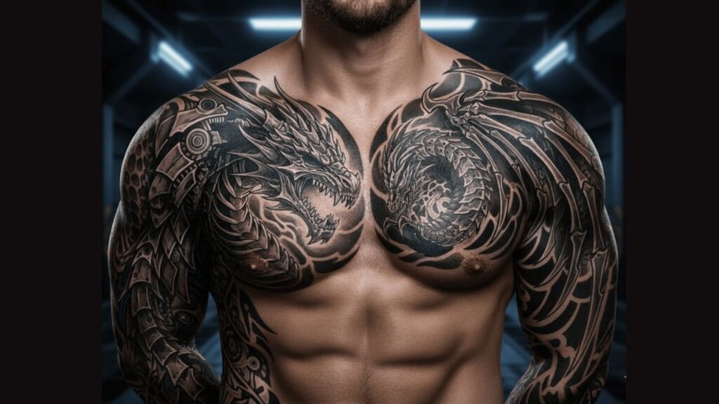 Chest tattoo ideas for guys featuring minimal symbols and detailed illustrations placed across the pectoral muscles.