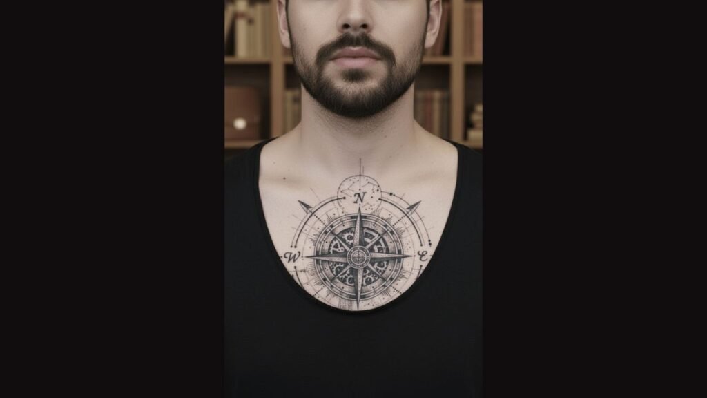 Small chest tattoo for men featuring a minimalist symbol placed near the upper chest, adding subtle masculine style.